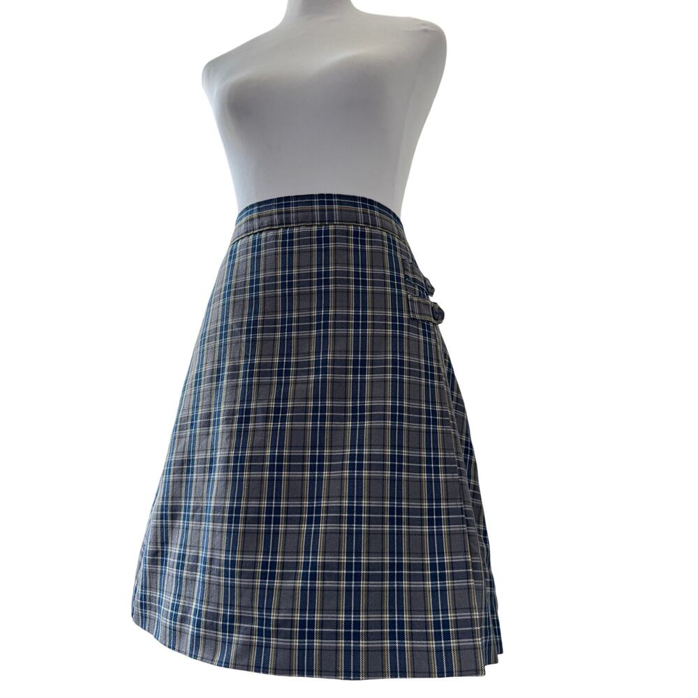 Vintage ‘90s Dennis Gray, Navy, Yellow & White Plaid Skort w/ Decorative Buckles